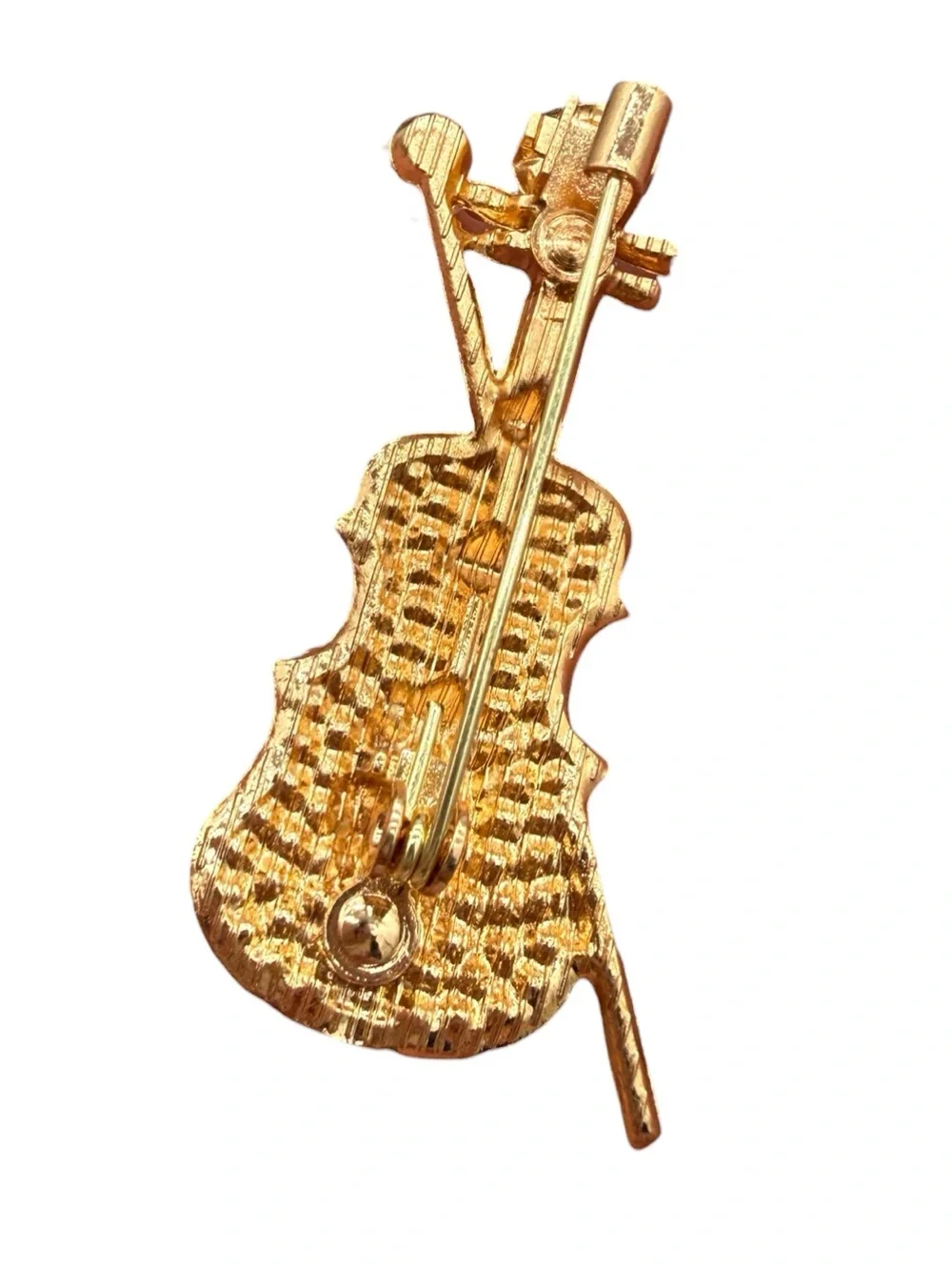 Gold-Tone Emerald and Clear Violin Brooch with Pearl Accent